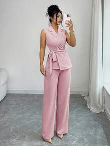 Selianne 优雅浪漫度假及办公领结西装套装，适合高个女装，两件套粉色连体裤，优雅商务休闲两件套，粉色套装，女士两件套，两件套，女士优雅无袖西装外套和裤子，裹身式上衣和裤子套装，粉色裤装，工作服，女士裤装，女士优雅套装，女士两件套，套装，正式女装套装，女士两件套，休闲优雅套装 - 粉色 - 查看 5