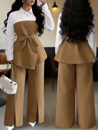 GlowEve CURVE Bộ trang phục thường ngày dành cho nữ cỡ lớn: Áo tay dài phối màu xoắn phía trước và quần ống rộng xẻ tà cạp chun.