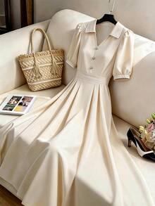 GlowEve 女士优雅翻领花瓣袖收腰长款连衣裙，适合日常通勤 - 杏色 - 查看 1