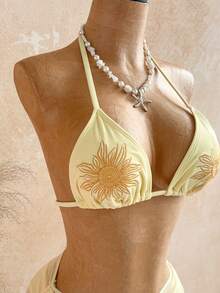 Soleia Women's Summer Vacation Beach Light Yellow Sun Embroidery Halter Bikini 3 Pieces Set - Yellow - View 6
