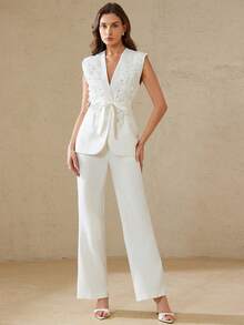 Aveloria Rosie 优雅女士简约商务套装，饰以串珠和水钻，搭配直筒阔腿裤 - 白色 - 查看 2