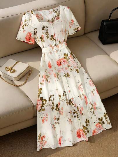 Franclia 女士时尚A字中长连衣裙，单排扣设计，方领，印花短袖连衣裙，夏季