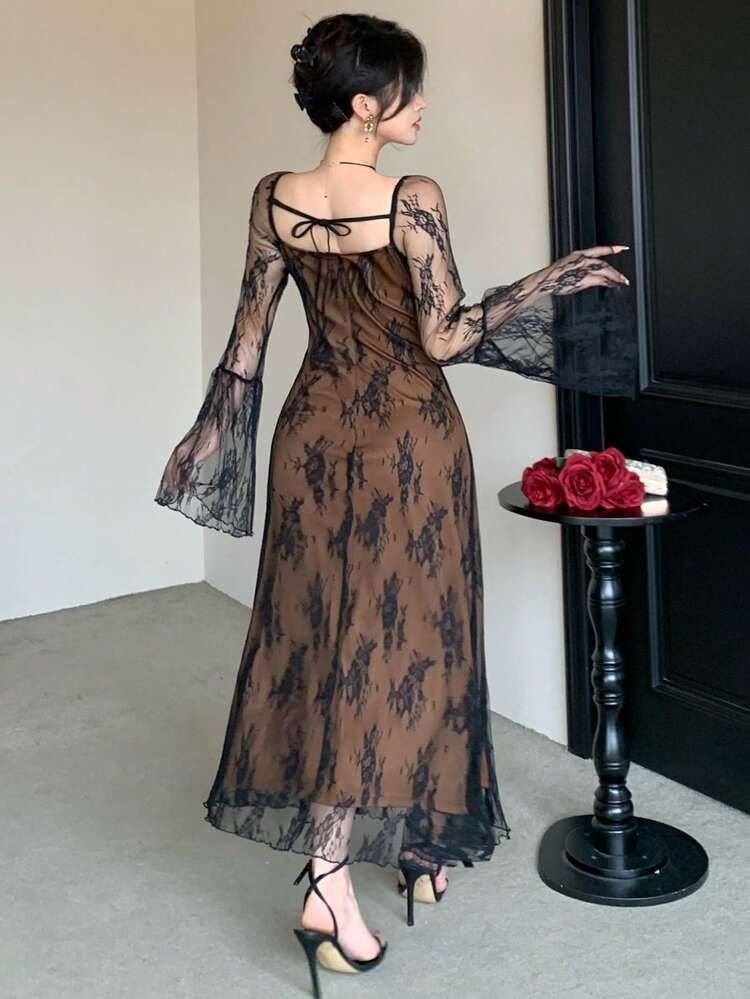 Women's Elegant Lace Square Collar Flare Sleeve Long Dress, Spring/Summer