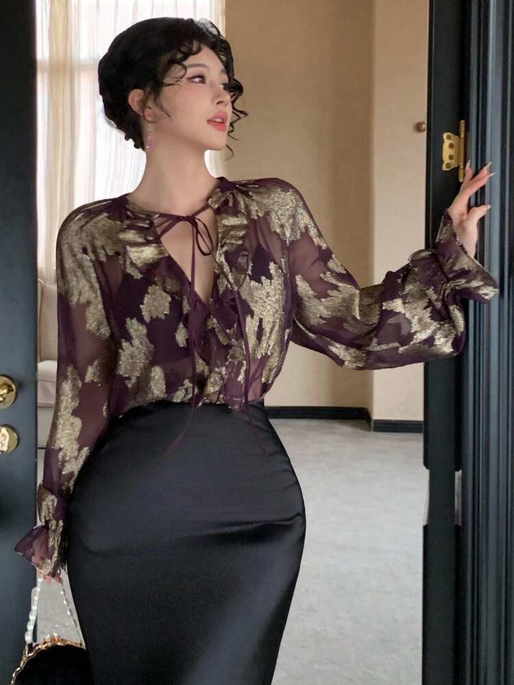 Women's Elegant Floral Print Tie-Waist Blouse, Spring/Summer
