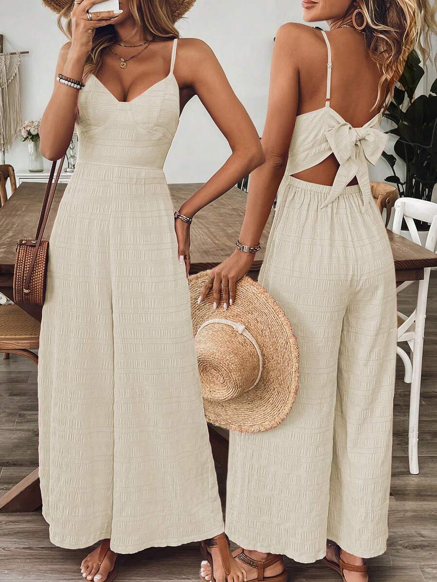 Breezaya Jumpsuit Wanita Model V-Neck Tanpa Punggung dengan Tali Pita, Merah Mawar, Musim Semi/Panas - Aprikot - View 1