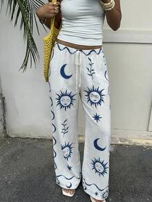 Aloruh 度假印花弹力腰直筒休闲裤阔腿裤女高腰夏季裤女夏季套装女度假套装女沙滩装，蓝白印花长裤 - 藍白色 - 查看 6