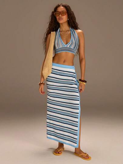 Athîral Women's Casual Vacation Knitted Blue Striped 2 Pieces Set