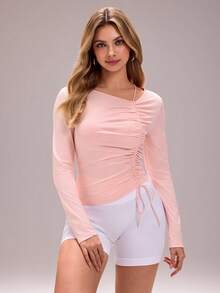 Sovereign Charm Lightweight Drawstring Jacquard Decor Sweatshirt, Spring/Autumn - Pink - View 7
