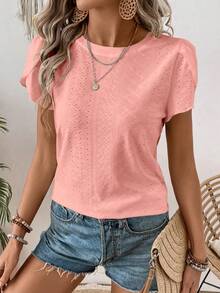 SHEIN LUNE 女士纯色休闲圆领花瓣短袖 T 恤 - 珊瑚橙 - 查看 4