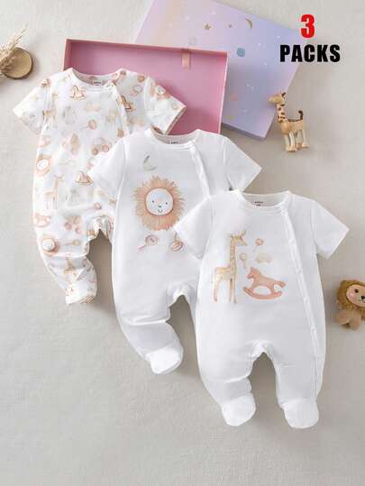 Newborn Baby Girl Spring/Summer Knit Round Neck Short Sleeve Animal Graphic Lion & Giraffe Digital Print White 3 PiecesSnap Front Pajama Set