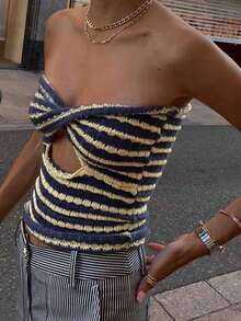 INAWLY 條紋圖案扭結前短上衣 - 彩色 - 查看 1