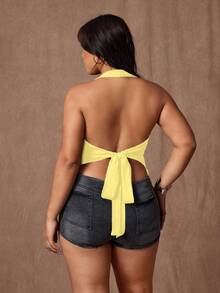Rustia Plus Size Women Sexy Backless Halter Neck Camisole - Light Yellow - View 2