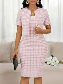 SHEIN Lady Plus Size Plaid Print Button-Front Short Sleeve Jacket And Sleeveless Dress 2-Piece Set - Pink - View 3