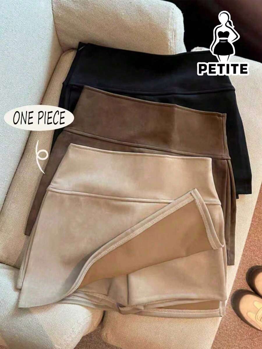 Franclia Petite 时尚新款绒面高腰修身A字开衩短裙，女士春秋季 - 卡其色 - 查看 1