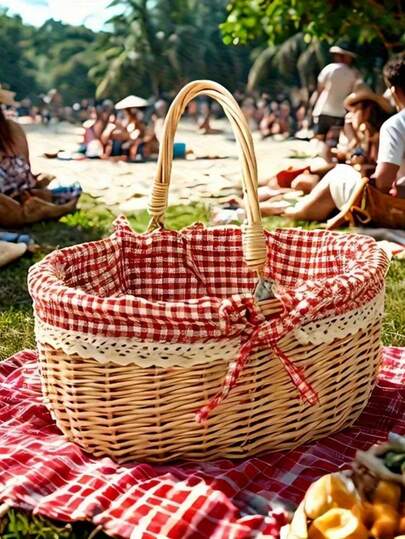 1个波西米亚风编织野餐篮，天然藤条材质，便携式设计，可拆卸提手，手工艺术收纳篮，适用于海滩、户外聚会、露营、后院派对，欧式风格，多功能收纳篮，家居装饰配件，休闲旅行必备品。