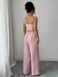 Elenzga 女士粉色竹编结单肩吊带花卉装饰设计露脐上衣，优雅职业装，活力四射的嘉年华、劳动节、复活节、返校派对、春季上衣搭配夏季裤装，春夏新款时尚必备小众设计百搭女士优雅两件套 - 粉色 - 查看 2