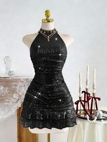 Franclia Đầm ôm sát không tay, màu đỏ tía đính sequin, cổ yếm, co giãn, gợi cảm dành cho nữ/Hẹn hò/Tiệc tùng/Hộp đêm/Dạo phố/Halloween/Ngày Valentine/Đầm thanh lịch/Đầm Giáng sinh/Đầm sinh nhật/Hộp đêm/Đầm dự tiệc/Lễ hội năm mới/Mùa xuân/Mùa hè/Mùa thu/Mùa đông. - màu đen - Xem 7