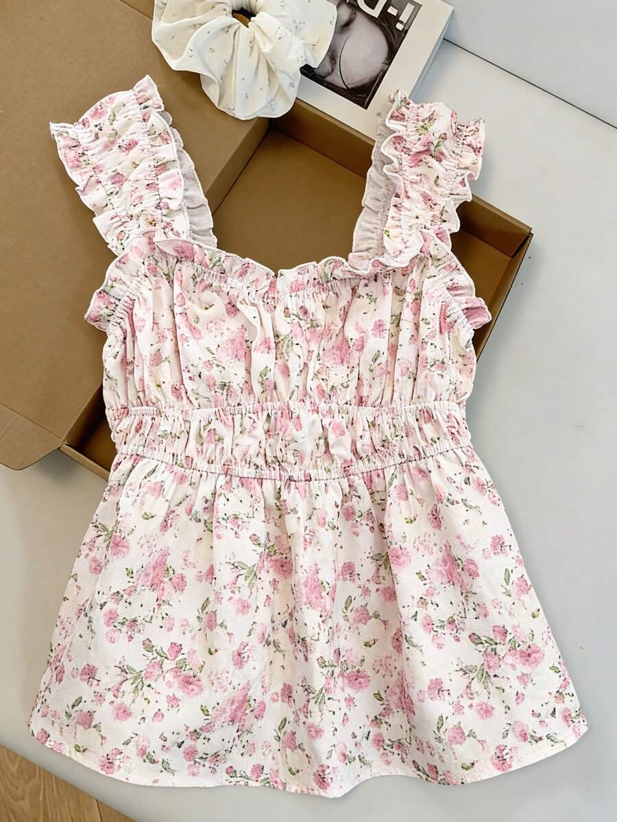 INAWLY Áo tank top không tay họa tiết hoa nhí ngọt ngào, phong cách thường ngày - Hồng - Xem 1