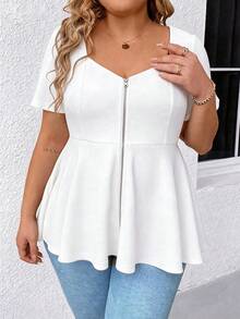 Elenzga Scoop Neck Short Sleeve Zip-Up Ruffle Hem Casual Elegant Plus Size Women Blouse - White - View 4