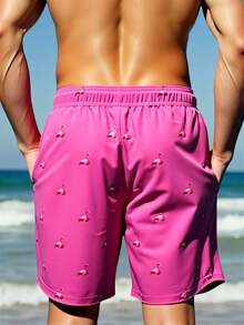 Manfinity Swimmode Quần short đi biển thời trang thường ngày in họa tiết chim hồng hạc cho nam, có dây rút ở eo - Hồng - Xem 2