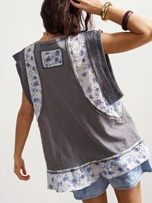 Bohemela 波西米亚乡村度假休闲纯色针织拼接碎花圆领宽松女式T恤 波西米亚女装上衣 夏季休闲上衣 - 灰色 - 查看 1