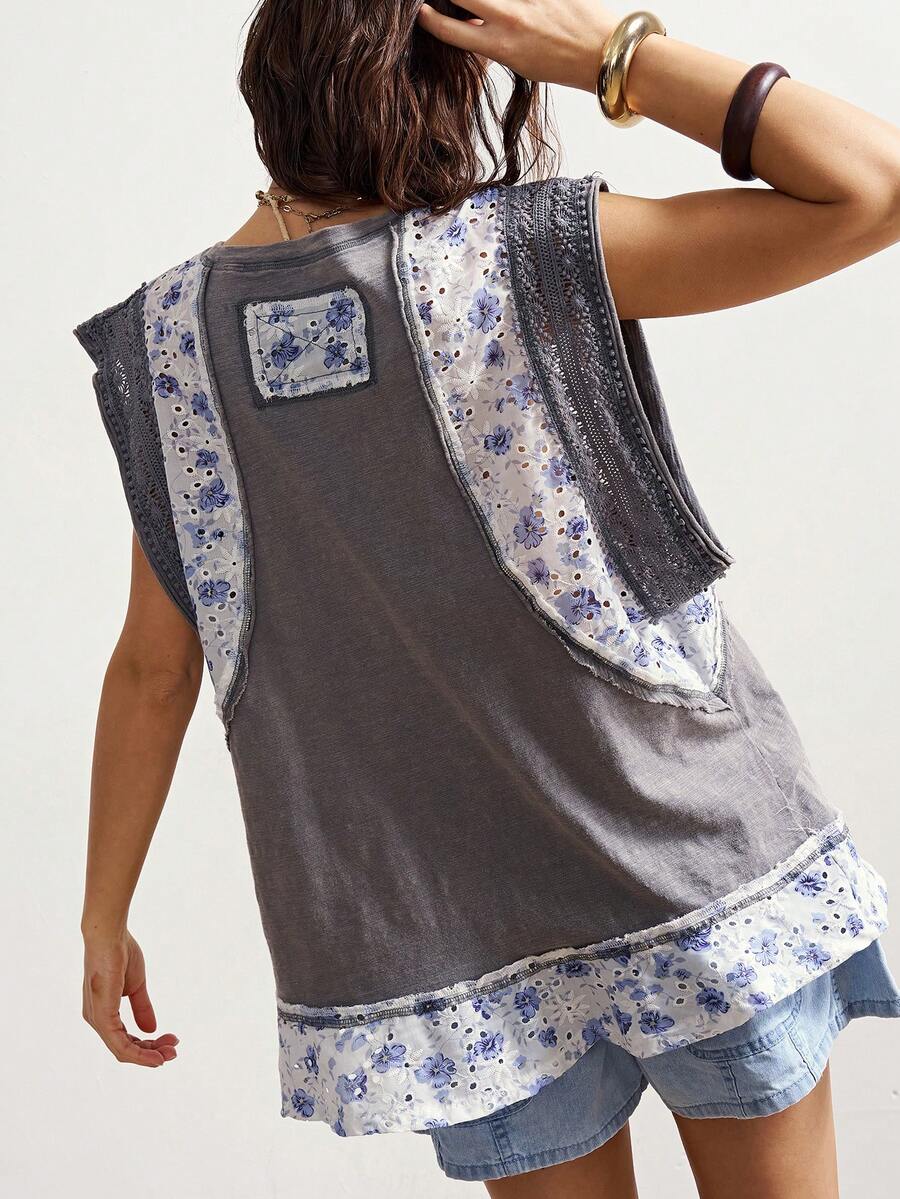 Bohemela 波西米亚乡村度假休闲纯色针织拼接碎花圆领宽松女式T恤 波西米亚女装上衣 夏季休闲上衣 - 灰色 - 查看 1