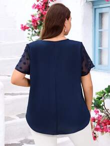 EMERY ROSE 大码V领褶皱夏季短袖休闲纯色上衣，乡村休闲度假风女装，简约时尚日常穿着，夏季女式上衣，夏季女装 - 藏蓝色 - 查看 2