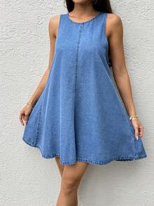 Sunnyshic Fashionable Round Neck Hollow-Out Washed Denim Dress - Medium Wash - View 6