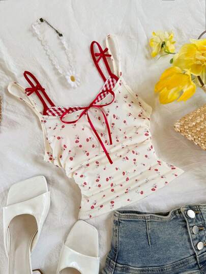 Franclia Women's New Red & Apricot Small Floral Print Camisole Top With Bowknot Strap Decor, Sweet & Sexy
