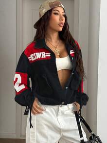 StreetHx Chaqueta vaquera casual de mujer con bloqueo de color, estampado de letras, manga larga y hombros caídos con un solo botonadura - Multicolor - Ver 8