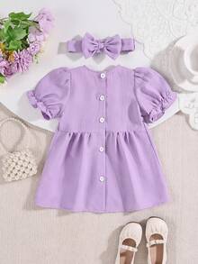 SHEIN Newborn Baby Pink Dress & Bow Headband Set, Cute Princess Style - Mauve Purple - View 2