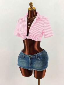 BamGleam Damen gestreiftes Kurzarm Crop Top mit Twist-Detail - Pink - Übersicht 2
