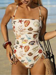 Swim Vcay Women's Summer Random Starfish Print Bandeau Side Drawstring One-Piece Swimsuit, Suitable For Beach & Vacation - Multicolor - View 4