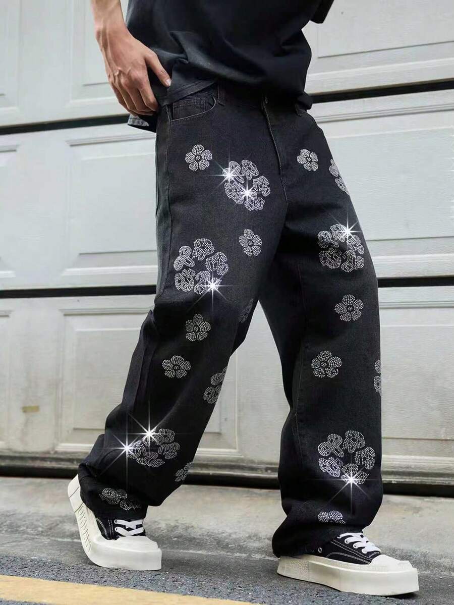 Manfinity EMRG Quần jean denim đen dáng rộng, ống thẳng, in họa tiết đính đá kiểu Mỹ cổ điển. - màu đen - Xem 1