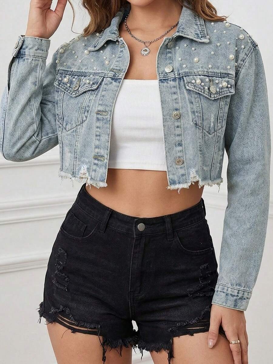 SHEIN ICON 女士长袖仿珍珠装饰毛边下摆短款牛仔外套 - 中等水洗藍 - 查看 1