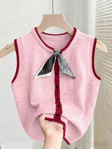 Franclia Áo polo không tay cổ tròn dáng ngắn tối giản mùa xuân/hè mới, cài nút mờ, dệt kim chặt chẽ, viền tương phản, phối họa tiết chấm bi và paisley, phù hợp cho công sở, phong cách Hàn Quốc dễ phối đồ, dáng ôm, thoải mái, đa năng, màu tối, tôn dáng, áo dệt kim cao cấp trung tính dành cho nữ. - Hồng - Xem 6