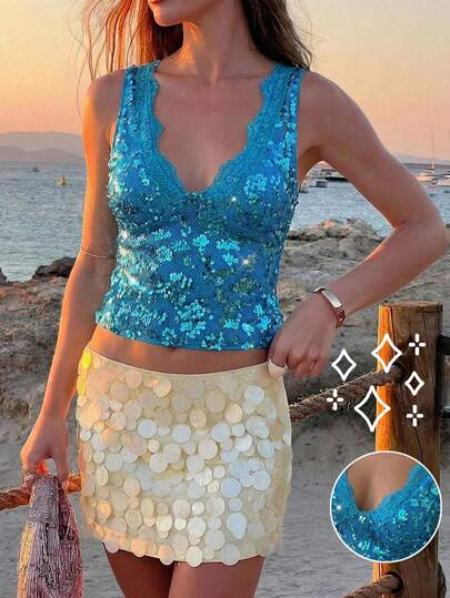 Aloruh Women's Fashionable Sexy Sequin V-Neck Camisole Top