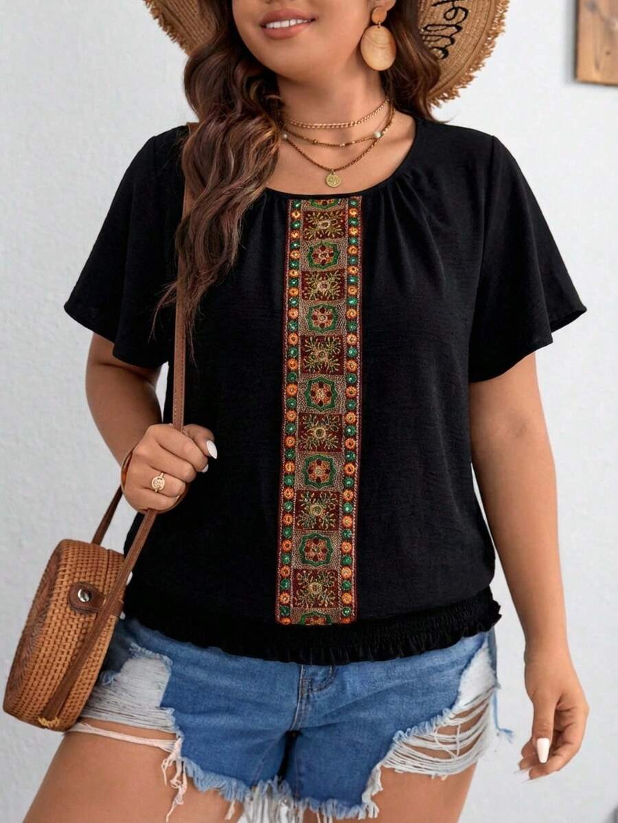 SHEIN VCAY 大码圆领短袖复古优雅简约衬衫 - 黑色 - 查看 1