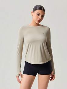 OutZeal Women Outdoor Tee Gym Top UV Protection Cool Touch Long Sleeve Cross-Over Pleat With Thumbhole - Khaki - View 6