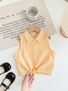 SHEIN Young Girl Woven Striped Cropped Casual Shirt - Yellow - View 5