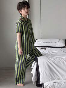 DAZY Tween Boy Striped Short Sleeve Button-Up Top And Pants Pajama Set - Green - View 3