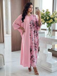 SHEIN Lady CURVE Vestito casual estivo con scollo a V, manica lunga, tinta unita rosa, con toppe a fiori, taglie comode e ampie - Rosa - Visualizzare 5
