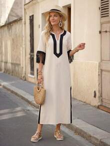 EMERY ROSE 女士度假休闲撞色流苏装饰中长连衣裙 - 彩色 - 查看 4