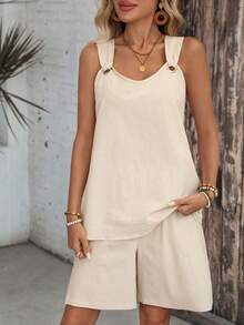 EMERY ROSE 女士纯色无袖上衣和短裤休闲两件套 - 卡其色 - 查看 9