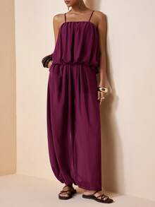 Zivah 2026春夏新款音乐节、复活节、圣帕特里克节、情人节、约会、西部风、游牧风、生日派对、毕业典礼、大学、学生、日常休闲、基础款、休闲、度假、邮轮、海滩、日光浴、热门款、街头风、婚礼宾客、通勤、早午餐、机场、派对、假日郊游、办公装、荷叶边吊带上衣和带口袋的阔腿裤，雪纺棕色两件套 - 紫色 - 查看 7