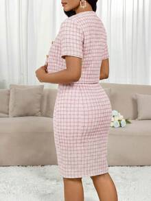 SHEIN Lady Plus Size Plaid Print Button-Front Short Sleeve Jacket And Sleeveless Dress 2-Piece Set - Pink - View 2
