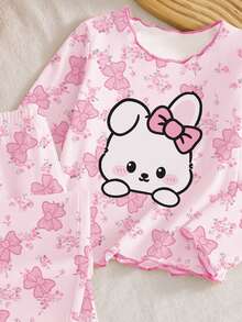 SHEIN Playful Pals Young Girls Cute Cartoon Rabbit Bow Floral Print Ruffle Trim Comfortable Casual Long Sleeve Pants 2pcs Pajama Set Fall Winter - Pink - View 3