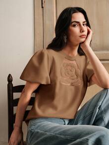 Anewsta 女士优雅度假刺绣玫瑰短款泡泡袖T恤，适合日常穿着、春夏、假日、通勤、海滩度假等场合。 - 咖啡棕 - 查看 1