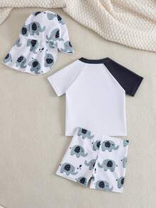 3件套男婴夏季防晒衣套装，恐龙印花，含防晒帽 - 彩色 - 查看 2