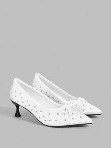 Ontre Women's Pointed Toe Satin Slip-On Pumps With Bow Decor, Sweet & Elegant Style, Suitable For Wedding, Date, Spring & Autumn - White - View 1